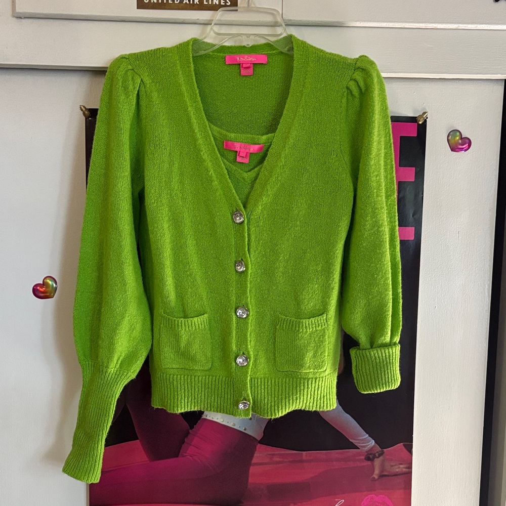Lilly Pulitzer Lime Green Sweater Set - Cardigan with Puff Sleeves & Tank Top